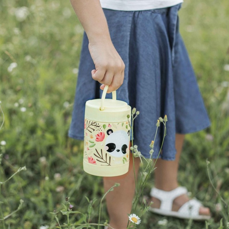 Portapranzo termico giallo per bambini decorato con panda e foglie in acciaio inossidabile, con cucchiaio incluso e maniglia estraibile per agevolare il trasporto